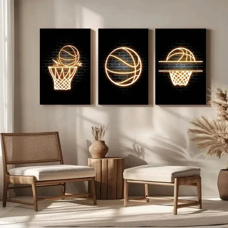 3pcs Neon basketball Nordic style sports Metal Print Ready to Hang Art