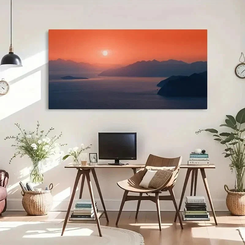Orange Sunset - Vintage Wall Art Canvas Office Home Room Framed 120x60cm