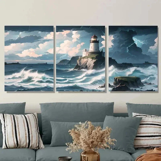 3pcs Nautical Coastal Landscape With Dramatic Wall Art Set Canvas Framed 40x60cm - High Quality Print 100% Australian Made Wall Canvas Ready to Hang