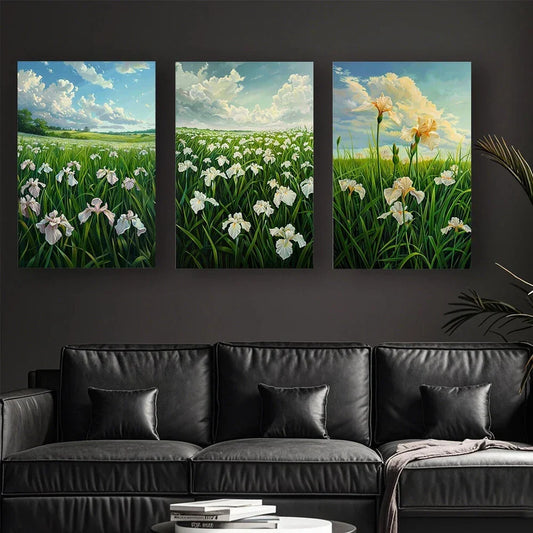 3pcs White Lily Fields And Cloud Sky Metal Print Ready to Hang Art