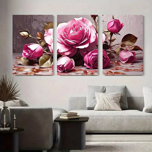 3pcs Elegant Abstract Rose Modern Chic Botanical Metal Print Ready to Hang Art