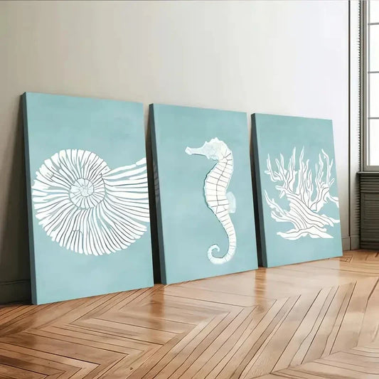 3pcs Seahorses Corals & Shells Ocean Life Blue Wall Art Set Canvas Framed 40x60cm - High Quality Print 100% Australian Made Wall Canvas Ready to Hang