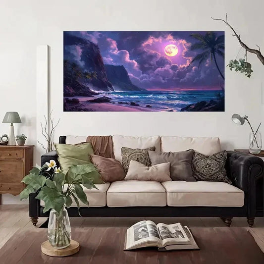 Purple Moonlit Beach Palm Tree Wall Art Canvas Office Home Room Framed 80x45cm