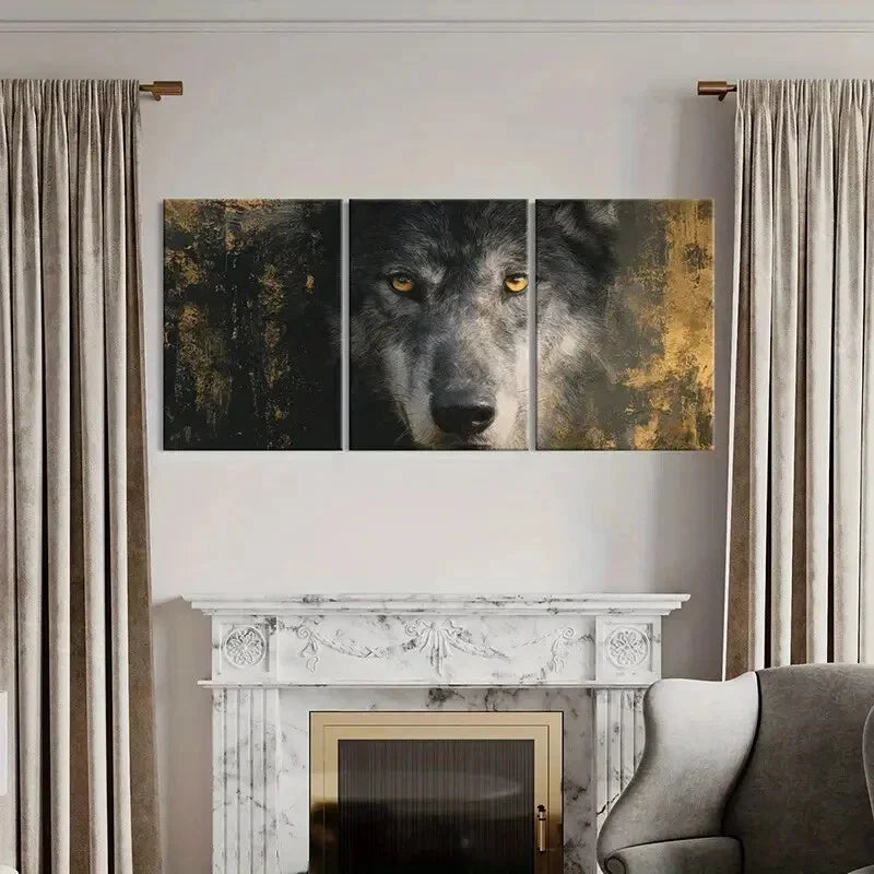 3pcs Wolf Portrait Golden Eyes Detailed Fur Metal Print Ready to Hang Art