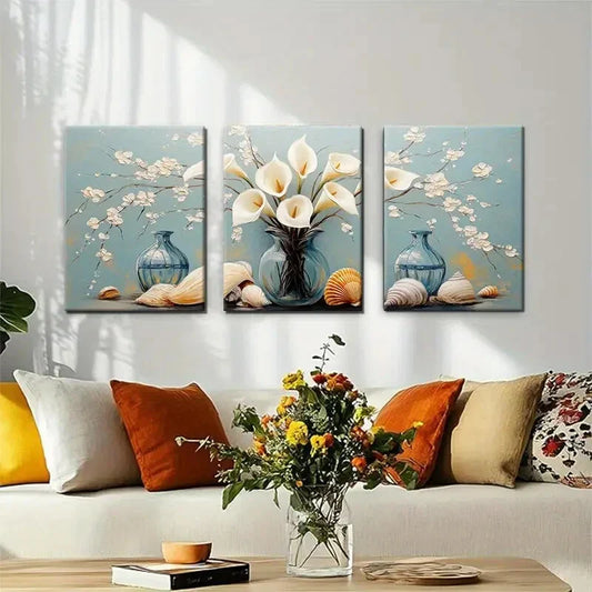 3pcs Elegant Calla Lily and Seashell Perfect Wall Art Set Canvas Framed 40x60cm - High Quality Print 100% Australian Made Wall Canvas Ready to Hang