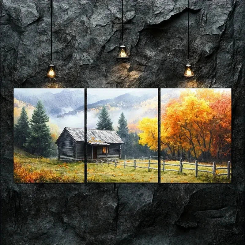 3pcs Beautiful Autumn Scenery Log Cabin Perfect Wall Art Set Canvas Framed 40x60cm - High Quality Print 100% Australian Made Wall Canvas Ready to Hang