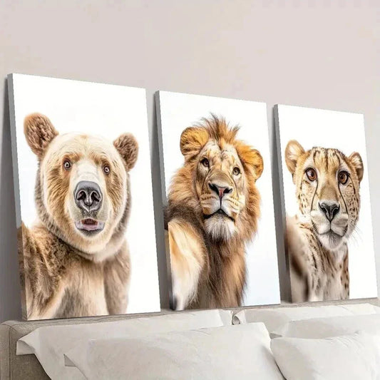 3pcs Bear Lion & Leopard Taking Selfie Wall Art Set Canvas Framed 40x60cm - High Quality Print 100% Australian Made Wall Canvas Ready to Hang