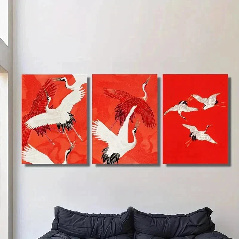 3pcs Vintage Japanese Style Crane Bird Wall Art Set Canvas Framed 40x60cm - High Quality Print 100% Australian Made Wall Canvas Ready to Hang