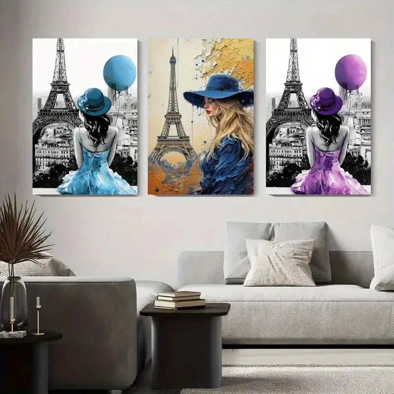3pcs Paris Eiffel Tower Lady with Balloon Metal Print Ready to Hang Art