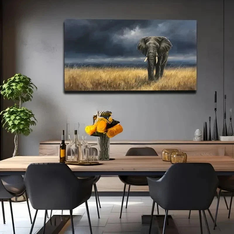 A Solitary Elephant Grassland Wall Art Canvas Office Home Room Framed 80x45cm