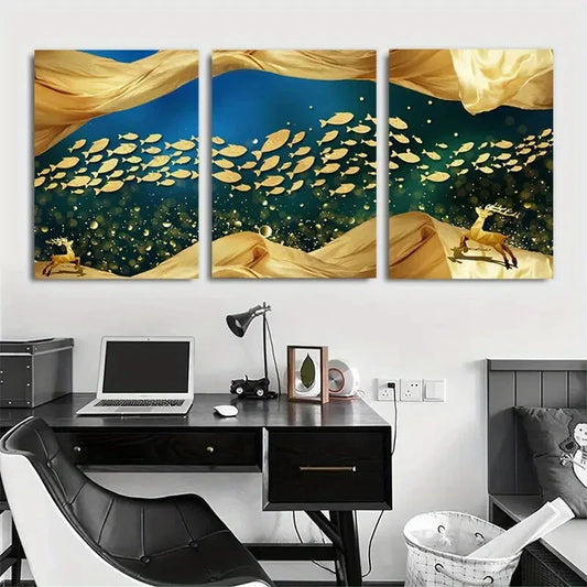 3pcs Golden Koi Fish Abstract Marine Life Metal Print Ready to Hang Art