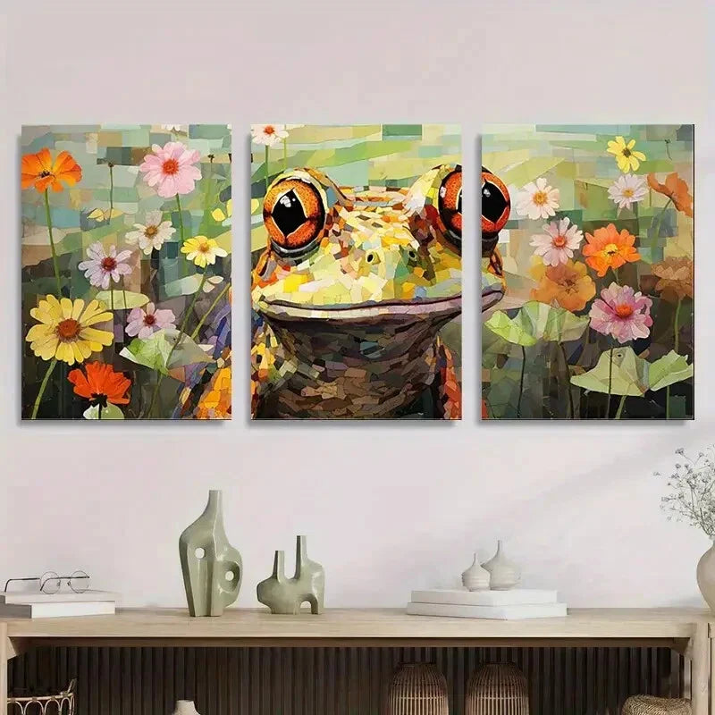 3pcs Colorful Mosaic Frog with Flowers Metal Print Ready to Hang Art