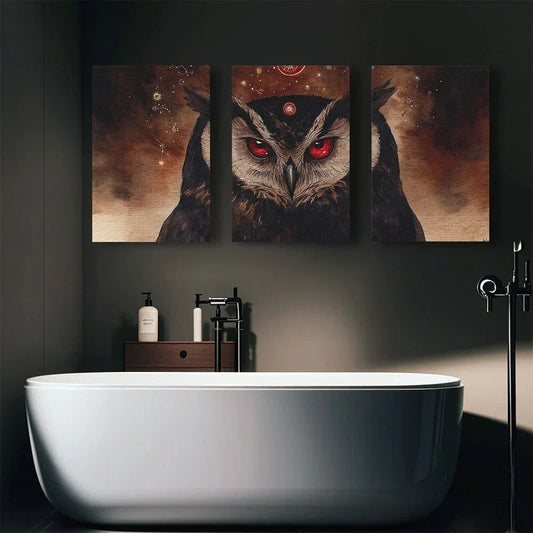 3pcs Red Eye Owl Design Abstract Painting Metal Print Ready to Hang Art