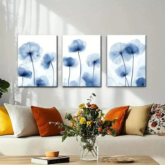 3pcs Elegant Blue Floral Minimalist Soft Perfect Wall Art Set Canvas Framed 40x60cm - High Quality Print 100% Australian Made Wall Canvas Ready to Hang