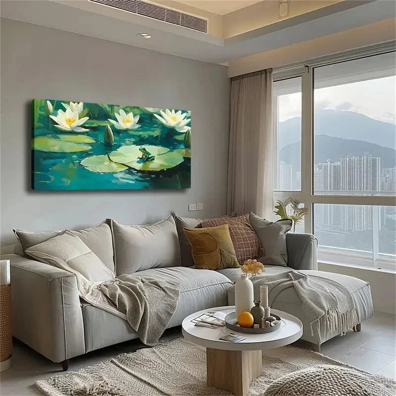 Serene Lily Pad with Green Frog Wall Art Canvas Office Home Room Framed 120x60cm