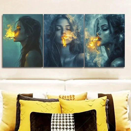 3pcs The woman puffed her smoke Metal Print Ready to Hang Art