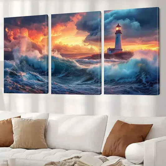 3pcs Aesthetic Landscape Lighthouse & Ocean Wall Art Set Canvas Framed 40x60cm - High Quality Print 100% Australian Made Wall Canvas Ready to Hang