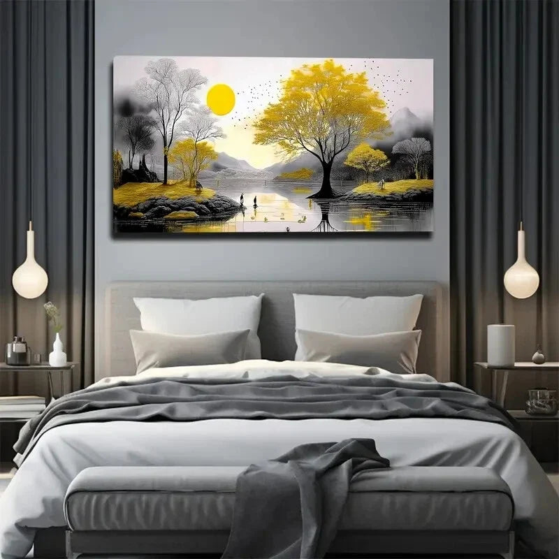Serene Yellow Tree & Sunset Wall Art Canvas Office Home Room Framed 120x60cm