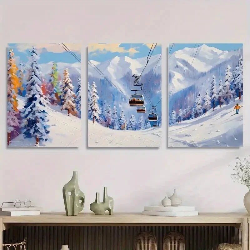 3pcs Winter Ski Resort Landscape, Scenic Snowy Metal Print Ready to Hang Art