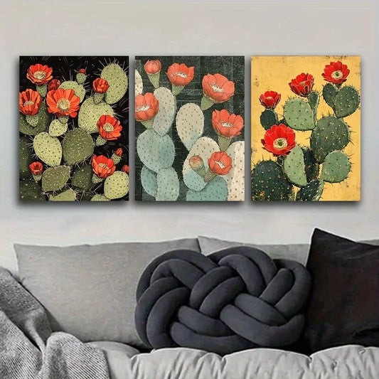3pcss Featuring Blooming Cacti Wall Art Set Canvas Framed 40x60cm - High Quality Print 100% Australian Made Wall Canvas Ready to Hang