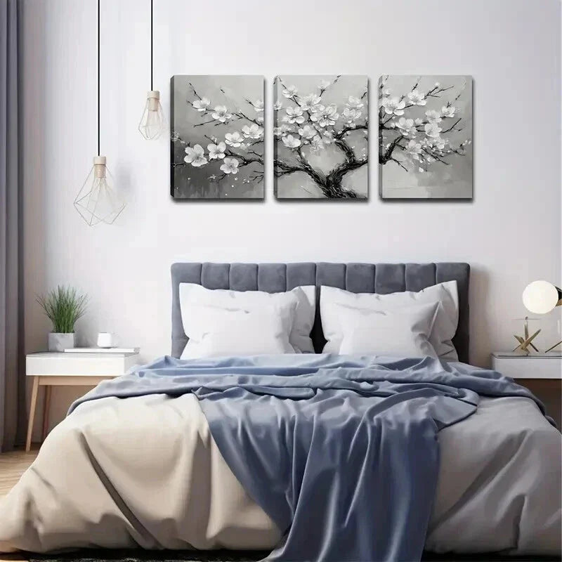 3pcs Serene Grey Tree with White Flowers Wall Art Set Canvas Framed 40x60cm - High Quality Print 100% Australian Made Wall Canvas Ready to Hang