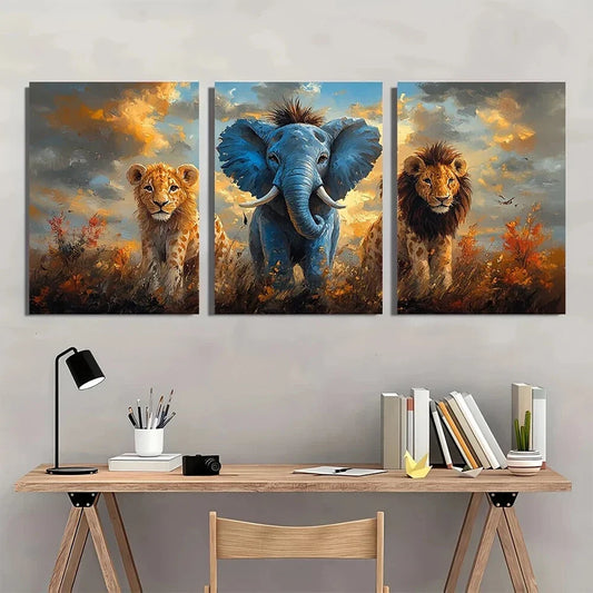 3pcs Vibrant Lion Elephant African Safari Metal Print Ready to Hang Art