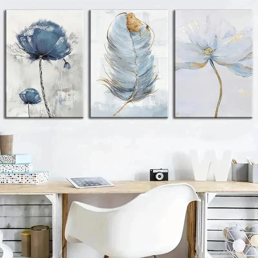 3pcs Modern Floral & Feather Decor Wall Art Set Canvas Framed 40x60cm - High Quality Print 100% Australian Made Wall Canvas Ready to Hang