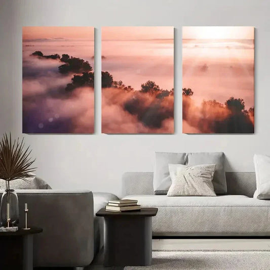 3pcs Tranquil Sunrise Fog Landscape Golden Metal Print Ready to Hang Art