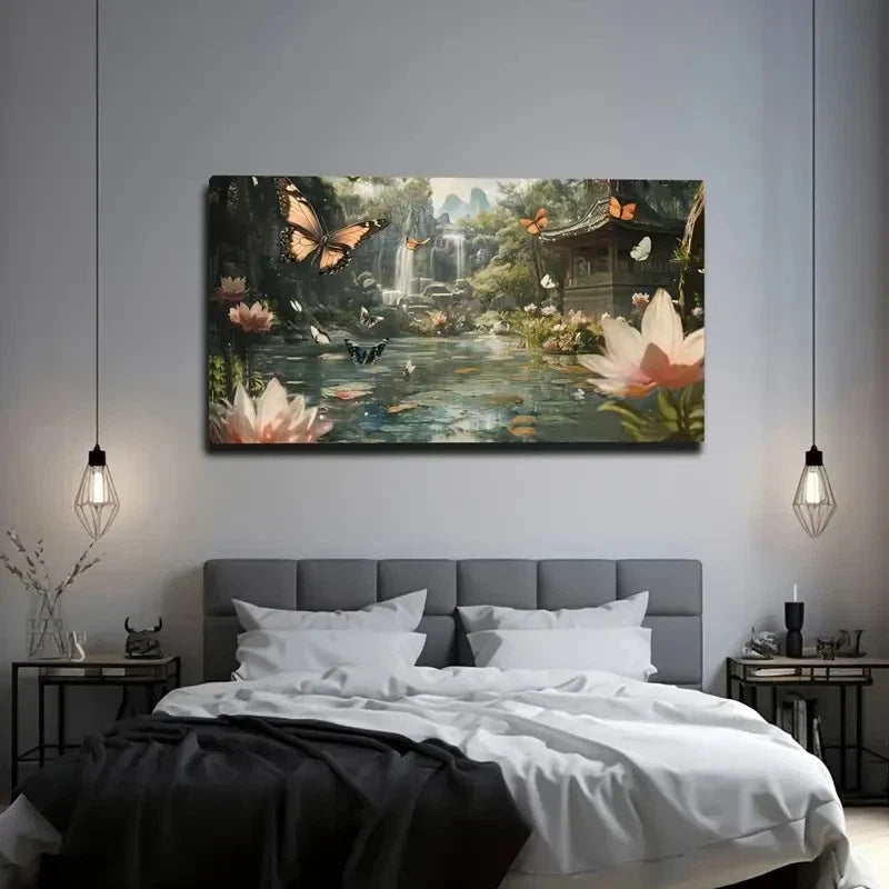Butterfly & Waterfall Scene Wall Art Canvas Office Home Room Framed 120x60cm