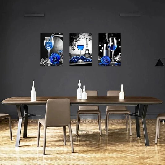 3pcs Black and White Blue Rose & Wine Metal Print Ready to Hang Art