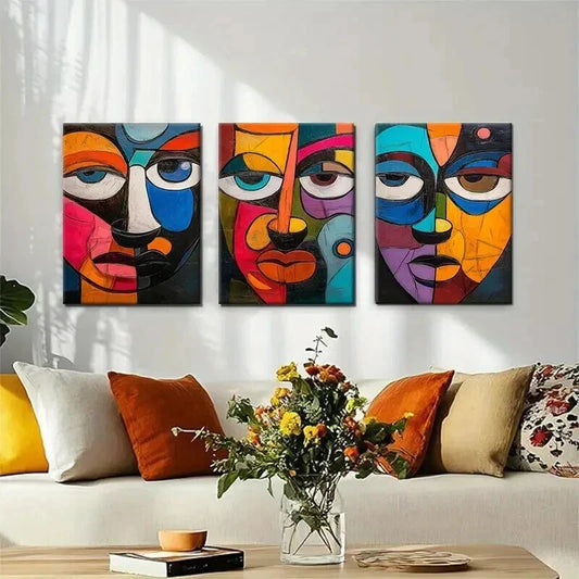 3pcs Modern Abstract Faces Colorful Perfect Wall Art Set Canvas Framed 40x60cm - High Quality Print 100% Australian Made Wall Canvas Ready to Hang