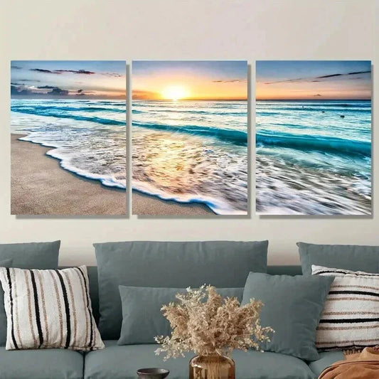 3pcs Beach Sunset Vibrant Sunset & Waves Wall Art Set Canvas Framed 40x60cm - High Quality Print 100% Australian Made Wall Canvas Ready to Hang