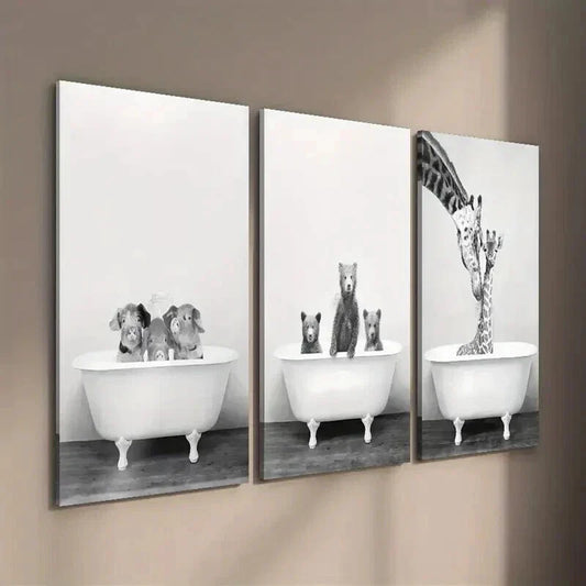 3pcs Pigs Bears and Giraffes in Bathtubs Wall Art Set Canvas Framed 40x60cm - High Quality Print 100% Australian Made Wall Canvas Ready to Hang