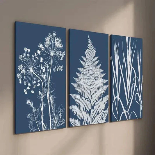 3pcs Blue and White Flowers Ferns & Grass Wall Art Set Canvas Framed 40x60cm - High Quality Print 100% Australian Made Wall Canvas Ready to Hang