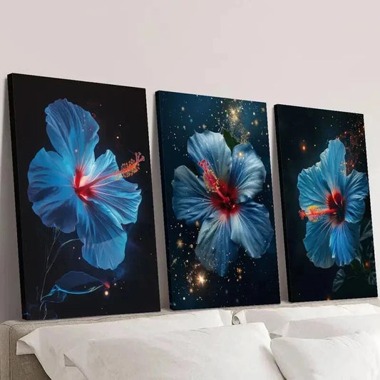 3pcs Blue Hibiscus Flower with Starry Night Wall Art Set Canvas Framed 40x60cm - High Quality Print 100% Australian Made Wall Canvas Ready to Hang