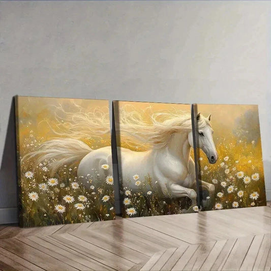 3pcs White Horse Running in Meadow Wall Art Set Canvas Framed 40x60cm - High Quality Print 100% Australian Made Wall Canvas Ready to Hang