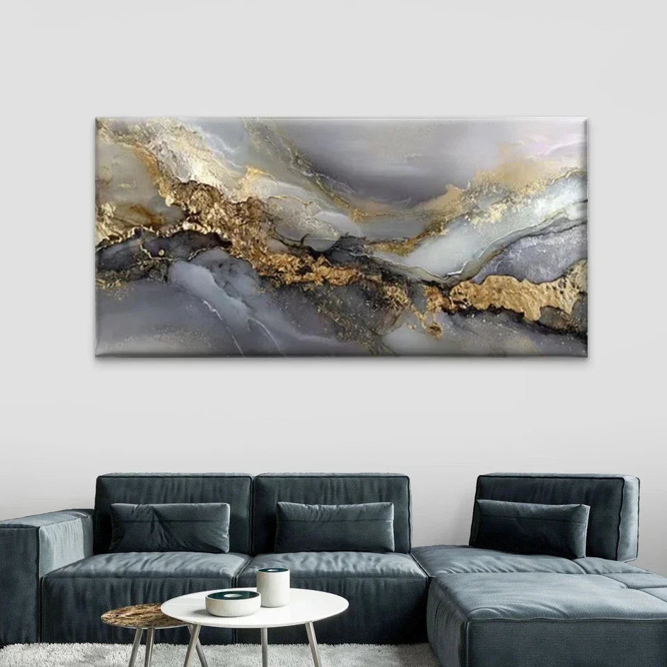 Abstract Golden Leaf Painting Wall Art Canvas Office Home Room Framed 80x45cm