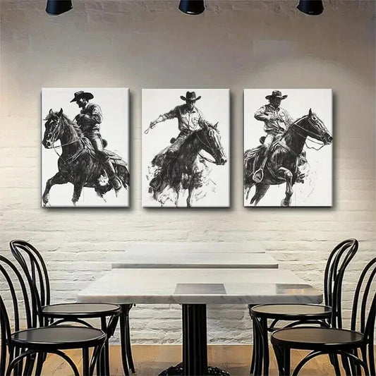 3pcs Dynamic Cowboy on Horse Dark Shadow Perfect Wall Art Set Canvas Framed 40x60cm - High Quality Print 100% Australian Made Wall Canvas Ready to Hang