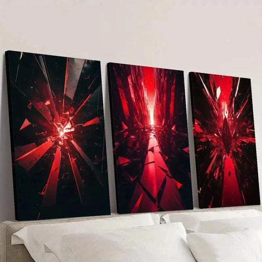 3pcs Broken Red Crystal Fragments Splash Wall Art Set Canvas Framed 40x60cm - High Quality Print 100% Australian Made Wall Canvas Ready to Hang
