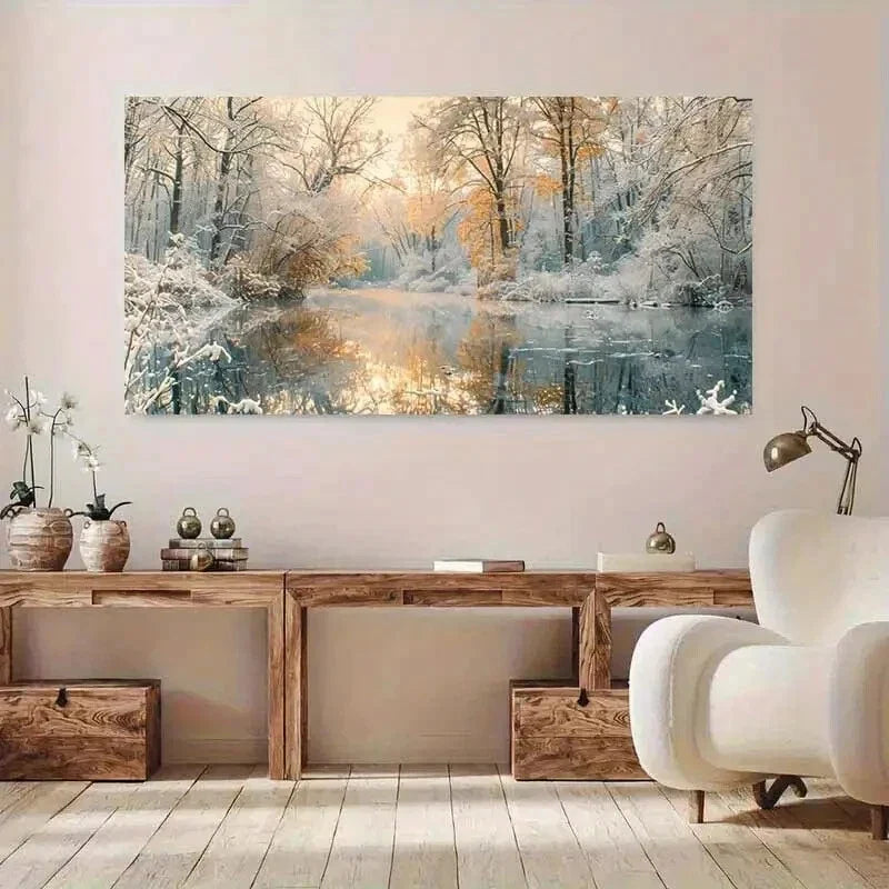 Snowy Forest & Reflective Water Wall Art Canvas Office Home Room Framed 120x60cm