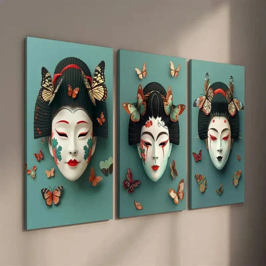 3pcs Elegant Geisha Mask and Butterfly Wall Art Set Canvas Framed 40x60cm - High Quality Print 100% Australian Made Wall Canvas Ready to Hang