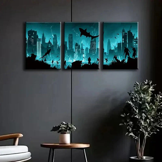 3pcs A City Submerged in the Ocean Blue Dark Wall Art Set Canvas Framed 40x60cm - High Quality Print 100% Australian Made Wall Canvas Ready to Hang