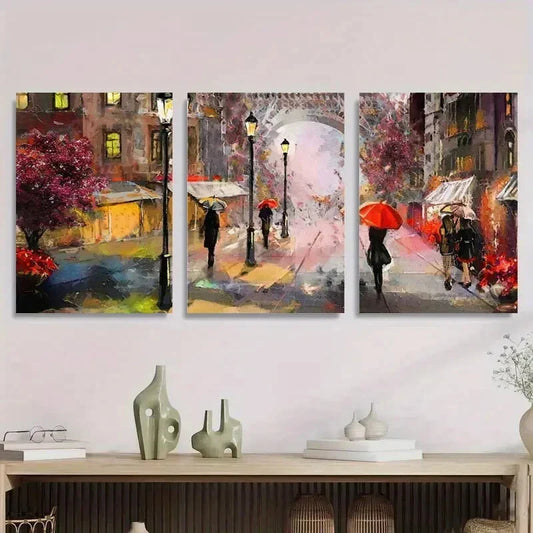 3pcs Romantic Rainy City Street Umbrella Metal Print Ready to Hang Art