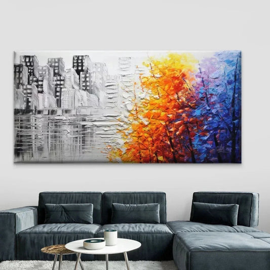 Abstract Cityscape & Autumn Wall Art Canvas Office Home Room Framed 80x45cm