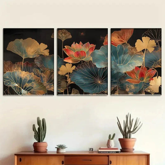 3pcs Black Background & Golden Lotus Flowers Wall Art Set Canvas Framed 40x60cm - High Quality Print 100% Australian Made Wall Canvas Ready to Hang