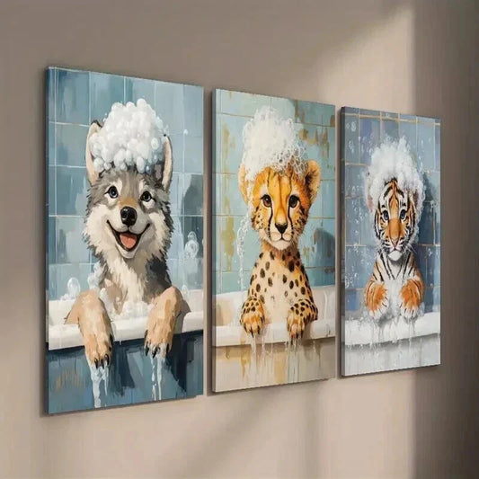 3pcs Cute Wolf Cheetah Tiger in Bubble Bath Wall Art Set Canvas Framed 40x60cm - High Quality Print 100% Australian Made Wall Canvas Ready to Hang
