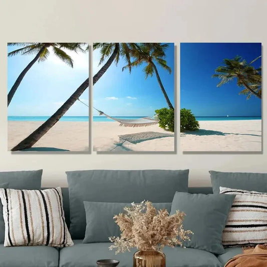 3pcs Tropical Beach Scene Paradise with Hammock Metal Print Ready to Hang Art