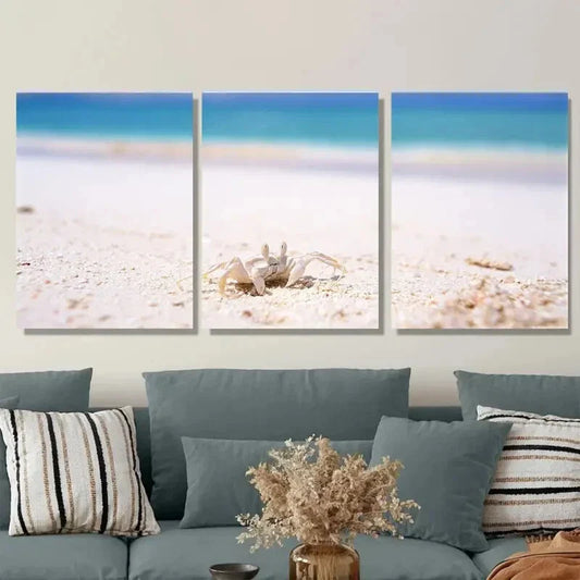 3pcs Vibrant Ocean View with Crab & Seashells Metal Print Ready to Hang Art