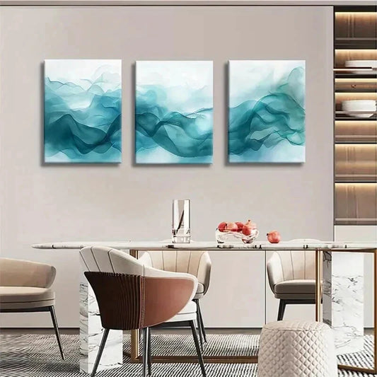 3pcs Minimalist Fluid Teal Wave Design Wall Art Set Canvas Framed 40x60cm - High Quality Print 100% Australian Made Wall Canvas Ready to Hang