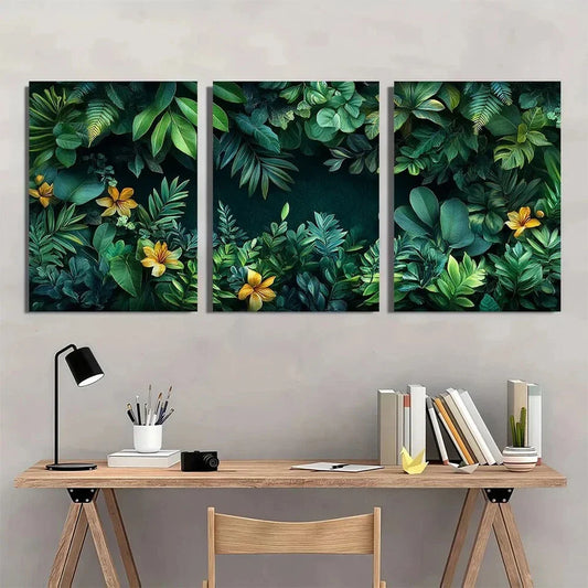 3pcs Vibrant Tropical Leaf & Flower Dark Green Metal Print Ready to Hang Art
